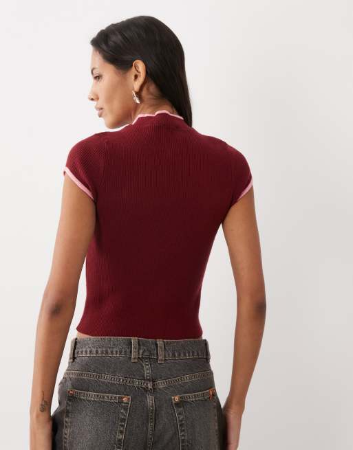 ASOS DESIGN - Top estilo mandarín con ribete en contraste en burdeos, 4 de 4
