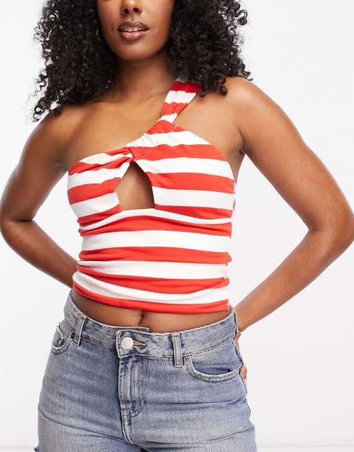 ASOS DESIGN - Top estivo monospalla con nodo sul davanti rosso e bianco a righe