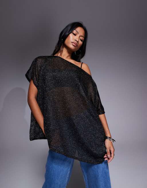 ASOS DESIGN - Top façon cape oversize fluide à épaules dénudées en tissu transparent - Noir