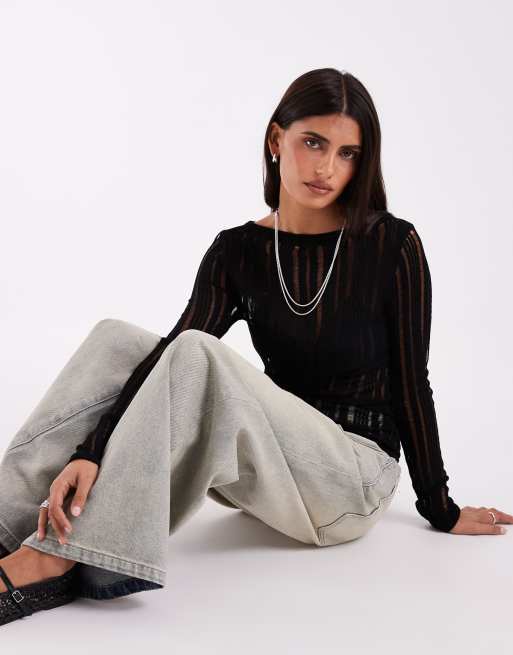 ASOS DESIGN top fin en maille à manches longues avec ajourés noir, 3 de 4