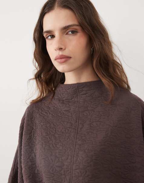 ASOS DESIGN top fleuri en jacquard à manches mi-longues avec détails de coutures, marron - view 1