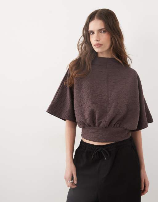 ASOS DESIGN top fleuri en jacquard à manches mi-longues avec détails de coutures, marron, 2 de 4