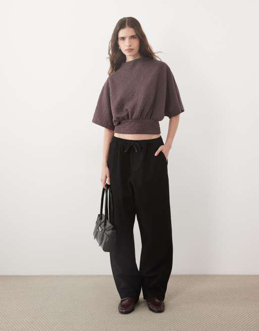 ASOS DESIGN top fleuri en jacquard à manches mi-longues avec détails de coutures, marron, 3 de 4