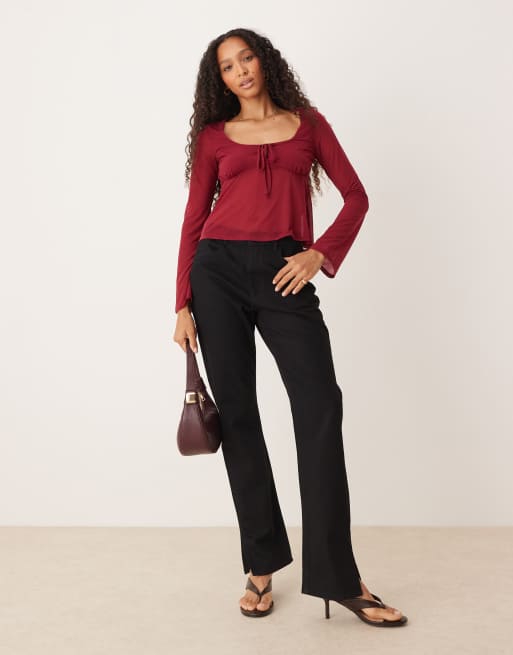 ASOS DESIGN - Top fluide en tulle à manches évasées - Bordeaux, 3 de 4