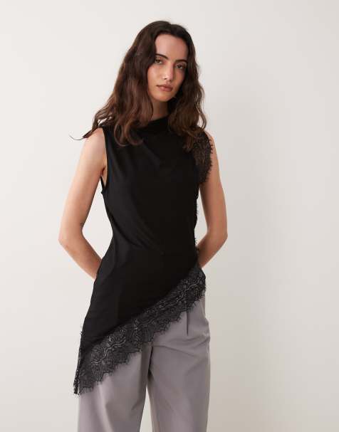 ASOS DESIGN top fluido asimétrico con ribete de encaje en negro - view 1