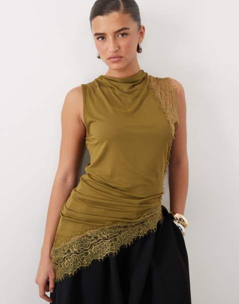 ASOS DESIGN top fluido asimétrico con ribete de encaje en oliva - view 1