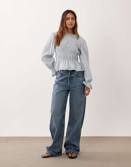 ASOS DESIGN - Top froncé à manches longues et rayures - Bleu, 3 de 4
