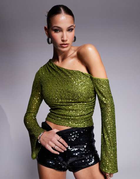 ASOS DESIGN - Top froncé à sequins et encolure asymétrique - Olive - view 1