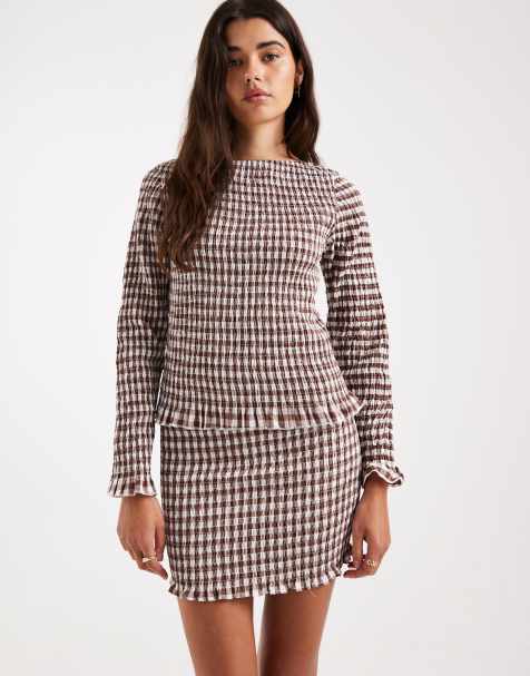 ASOS DESIGN - Top froncé d'ensemble à carreaux vichy avec encolure bateau - Marron - view 1