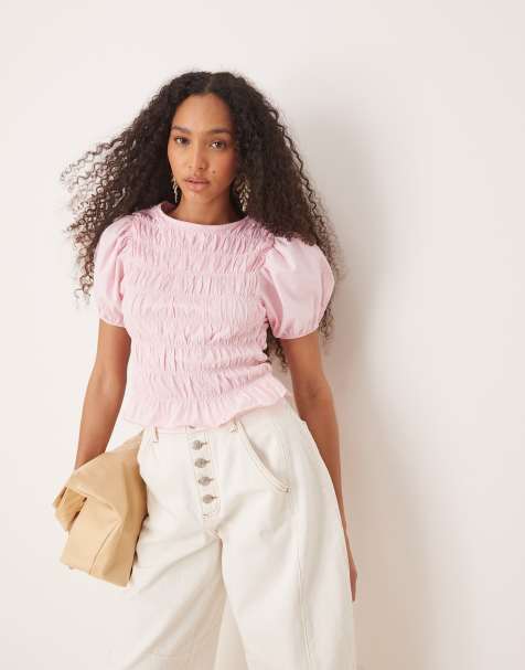 ASOS DESIGN - Top froncé en coton avec ourlet volanté et manches bouffantes - Rose pastel - view 1
