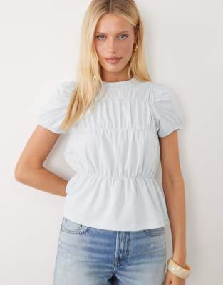 Top froncé en crépon à manches bouffantes - Bleu clair L
