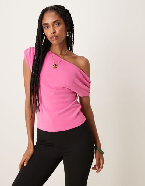 ASOS DESIGN - Top froncé en cupro à épaules dénudées - Rose - view 1