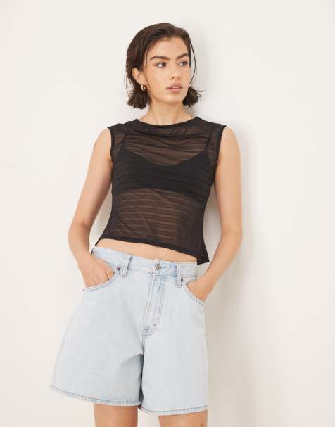 ASOS DESIGN - Top froncé en tulle à manches courtes et encolure bateau - Noir - view 1