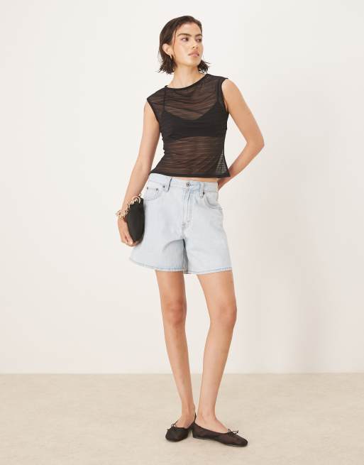 ASOS DESIGN - Top froncé en tulle à manches courtes et encolure bateau - Noir, 3 de 4