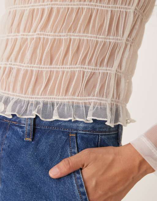 ASOS DESIGN - Top froncé en tulle à manches longues - Crème, 4 de 4