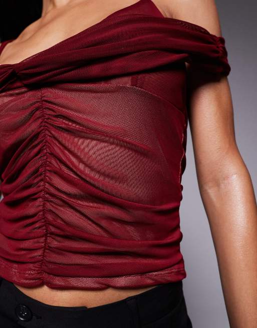 ASOS DESIGN - Top froncé en tulle double épaisseur avec encolure bardot - Bordeaux, 2 de 4