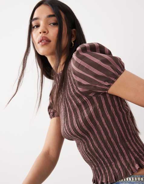 ASOS DESIGN - Top froncé rayé à manches bouffantes - Marron - view 1