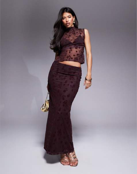 ASOS DESIGN - Top froncé transparent floqué à col montant et jupe - Marron - view 1