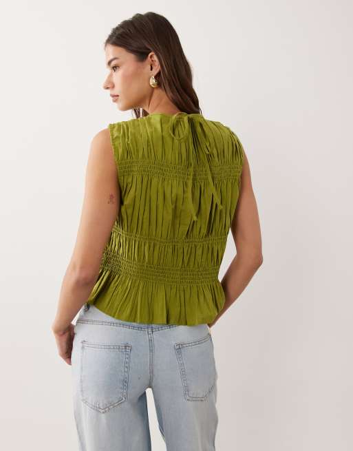 ASOS DESIGN - top fruncido de mezcla de lino en lima oscura, 4 de 4