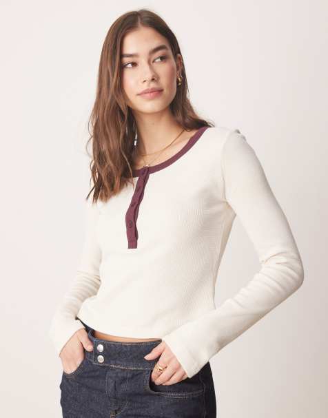 ASOS DESIGN - Top gaufré à encolure dégagée et col boutonné - Crème - view 1
