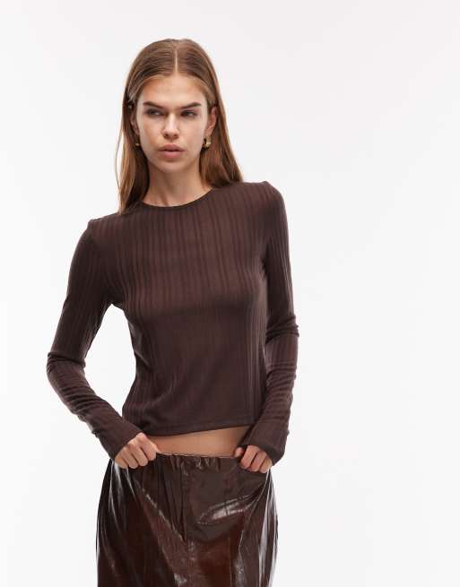 ASOS DESIGN - Top girocollo a maniche lunghe color cioccolato con fori per il pollice