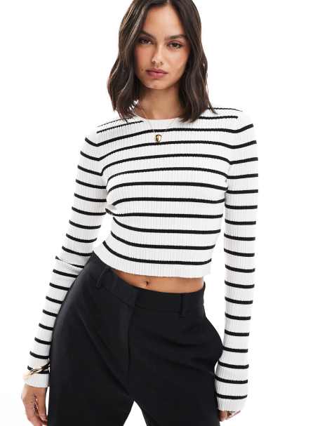 ASOS DESIGN - Top girocollo a maniche lunghe in maglia crema a righe - view 1