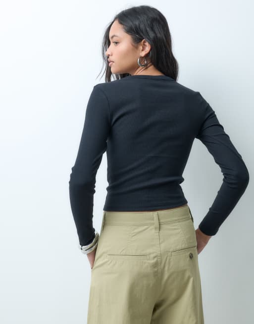 ASOS DESIGN - Top girocollo a maniche lunghe nero a coste, 2 di 4
