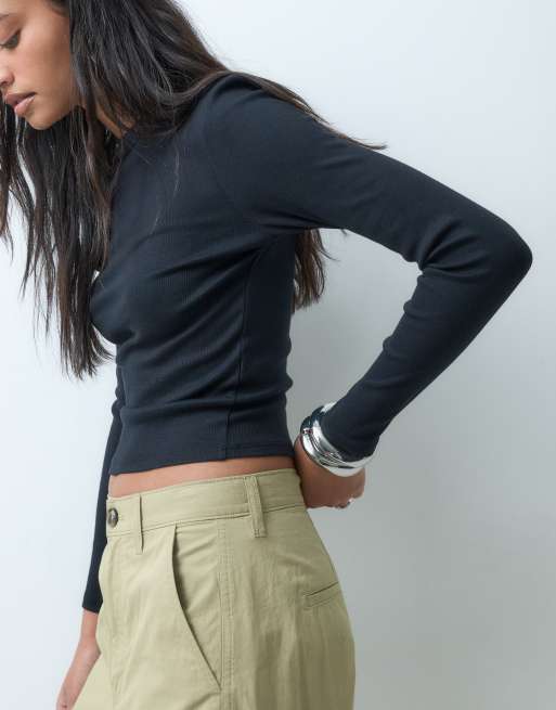ASOS DESIGN - Top girocollo a maniche lunghe nero a coste, 4 di 4
