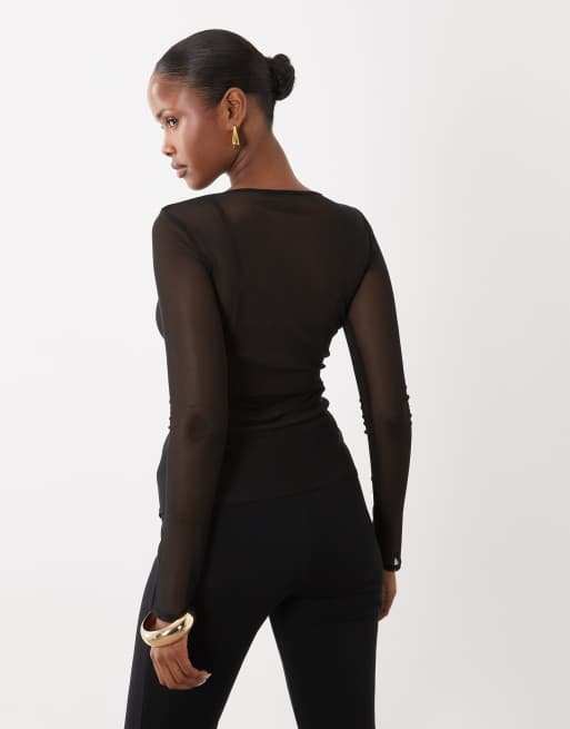 ASOS DESIGN top girocollo con bottoni, maniche lunghe e spacco nero, 3 di 4