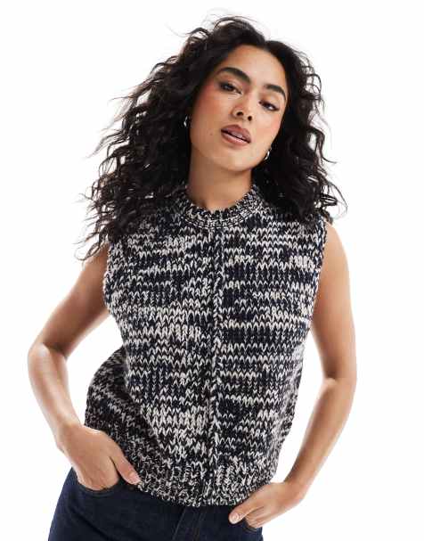 ASOS DESIGN - Top girocollo senza maniche in maglia blu navy e avena - view 1