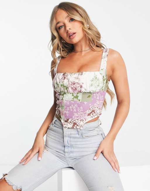 ASOS DESIGN – Top gorsetowy z materiału scuba w kwiatowy wzór