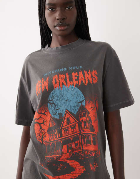 ASOS DESIGN top graphique oversize à manches courtes New Orleans Halloween en gris charbon délavé - view 1