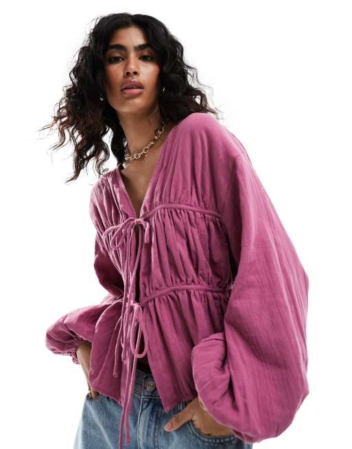 ASOS DESIGN - Top grembiule a maniche lunghe color orchidea con laccetti