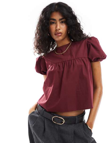 ASOS DESIGN - Top grembiule bordeaux con maniche a sbuffo - view 1