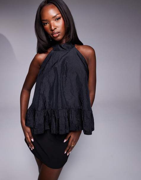 ASOS DESIGN - Top grembiule nero in taffetà allacciato al collo con volant - view 1