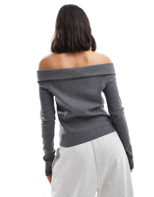ASOS DESIGN - Top grigio a coste con risvolto e zip, 2 di 4
