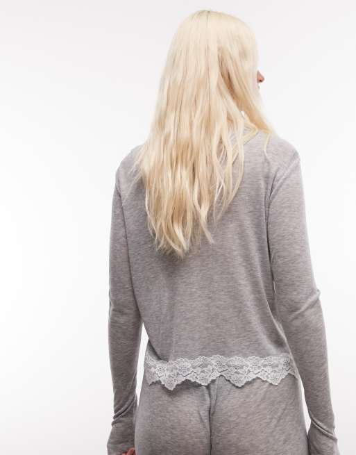 ASOS DESIGN - Top gris semitransparente de manga larga con ribete de encaje, 3 de 4