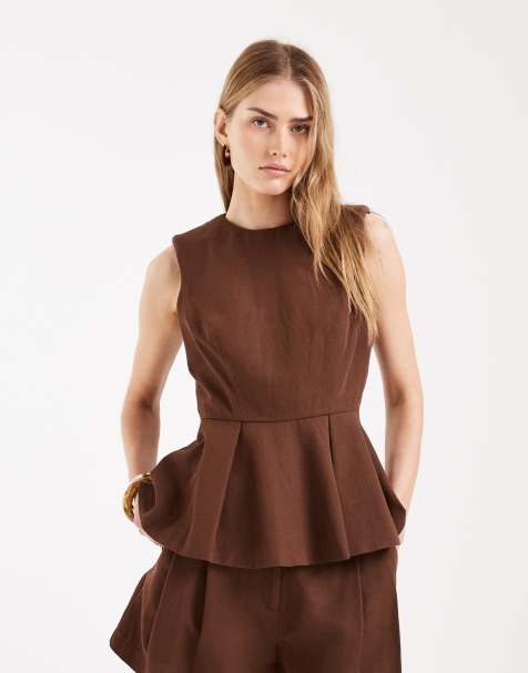 ASOS DESIGN - Top habillé ajusté d'ensemble à basque en lin mélangé - Marron - view 1