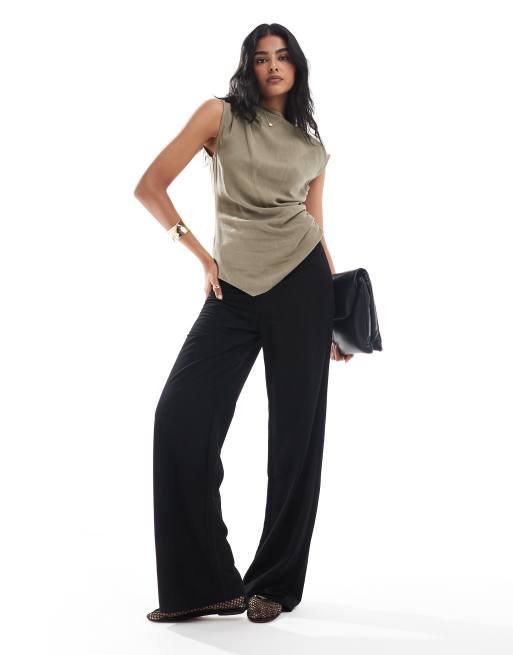 ASOS DESIGN - Top habillé asymétrique à col montant en lin drapé - Kaki, 2 de 4