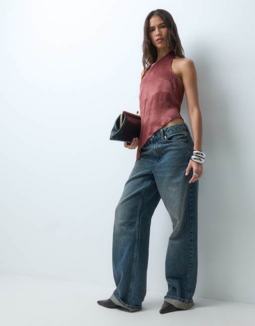 ASOS DESIGN top halter asimétrico con detalle de lazo en satén en malva burdeos, 2 de 5