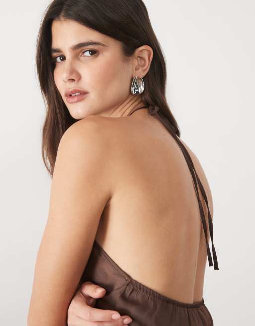 ASOS DESIGN top halter con sciarpa in marrone cioccolato, 3 di 4