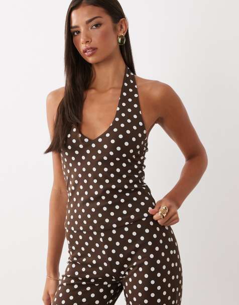 ASOS DESIGN top halter de conjunto de lunares en chocolate - view 1