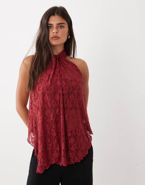 ASOS DESIGN - top halter de encaje con drapeado en rojo - view 1