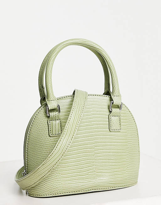ASOS DESIGN top handle bowler bag with detachable crossbody strap in sage green lizard