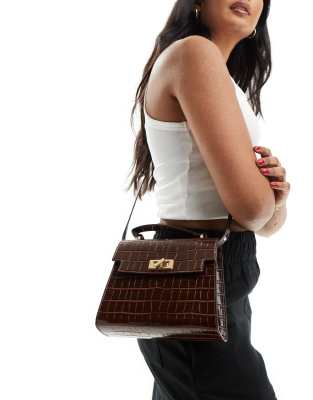 Asos Design Top Handle Crossbody Bag With Twist Lock In Brown