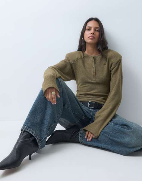 ASOS DESIGN top Henley Supersoft à manches longues cintré à la taille vert olive - view 1