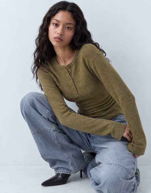 ASOS DESIGN top Henley supersoft a maniche lunghe stretto in vita verde oliva, 5 di 9