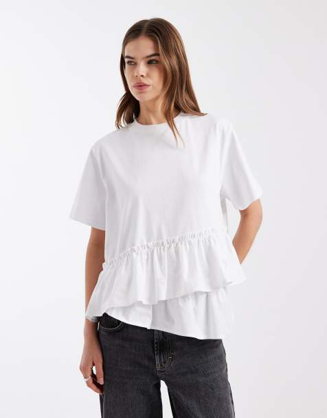 ASOS DESIGN - Top hybride asymétrique en popeline avec ourlet à basque - Blanc - view 1