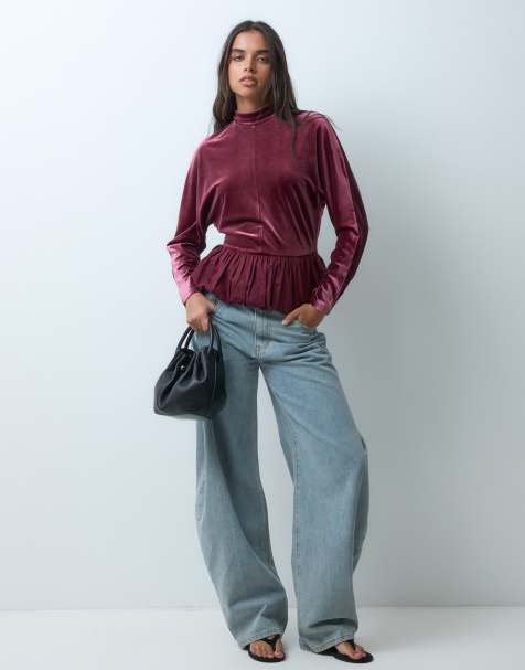 ASOS DESIGN top hybride en velours et popeline à ourlet boule, bordeaux - view 1