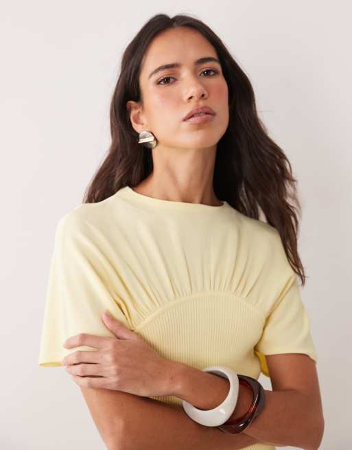 ASOS DESIGN top i finstrik med rynkedetalje i buttermilk, 3 af 4